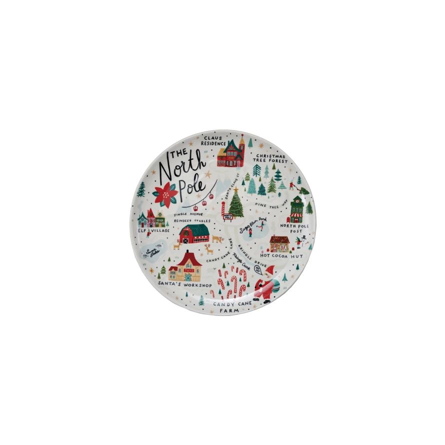 11" Round Stoneware Plate with North Pole Scene