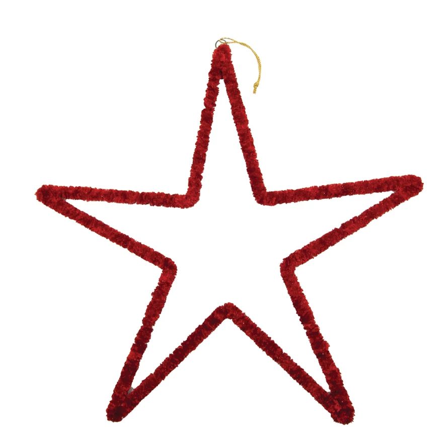 20"H Handmade Cotton Chenille Yarn Wrapped Metal Hanging Star, Red