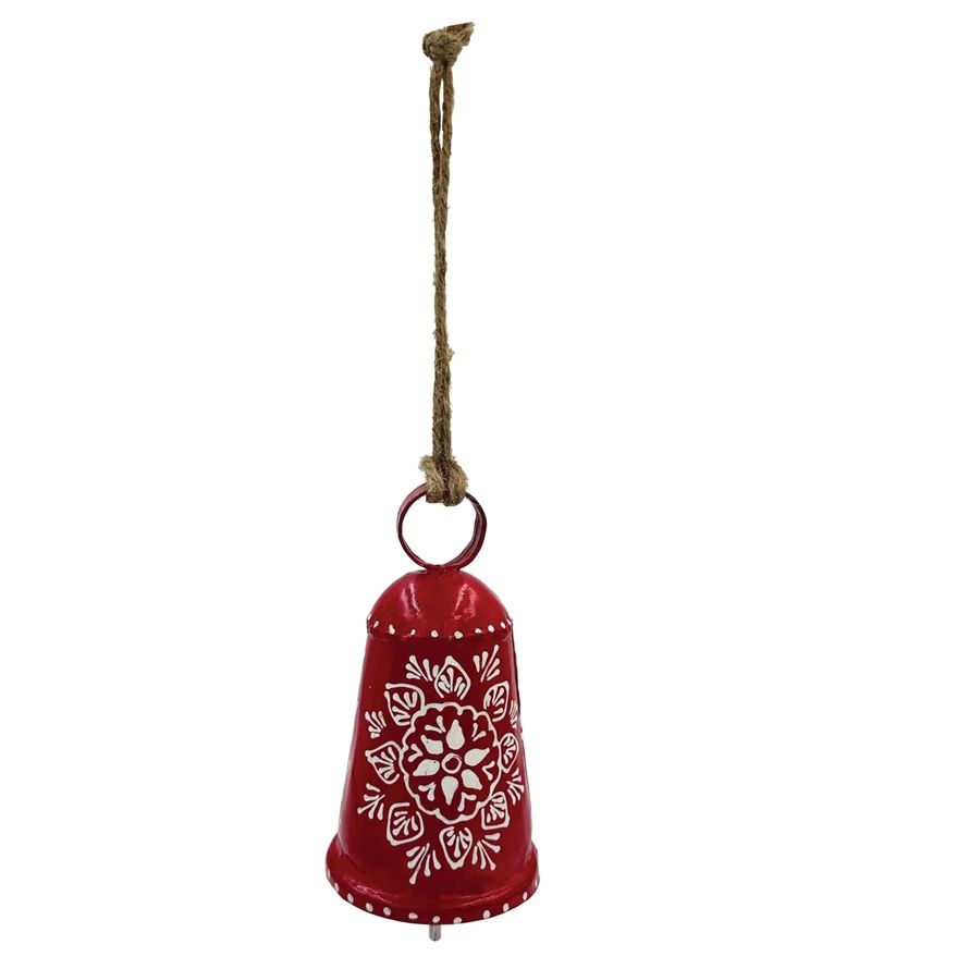 Hand-Painted Metal Bell Ornament with Design, Red & White