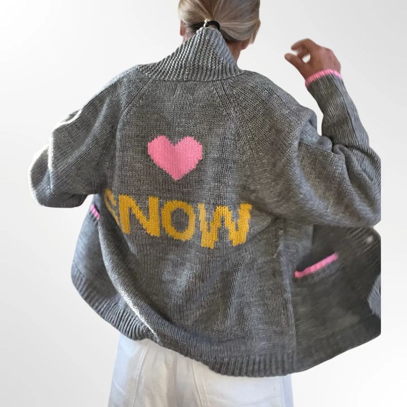 Varsity Chunky Heart Snow Cardigan-Gray