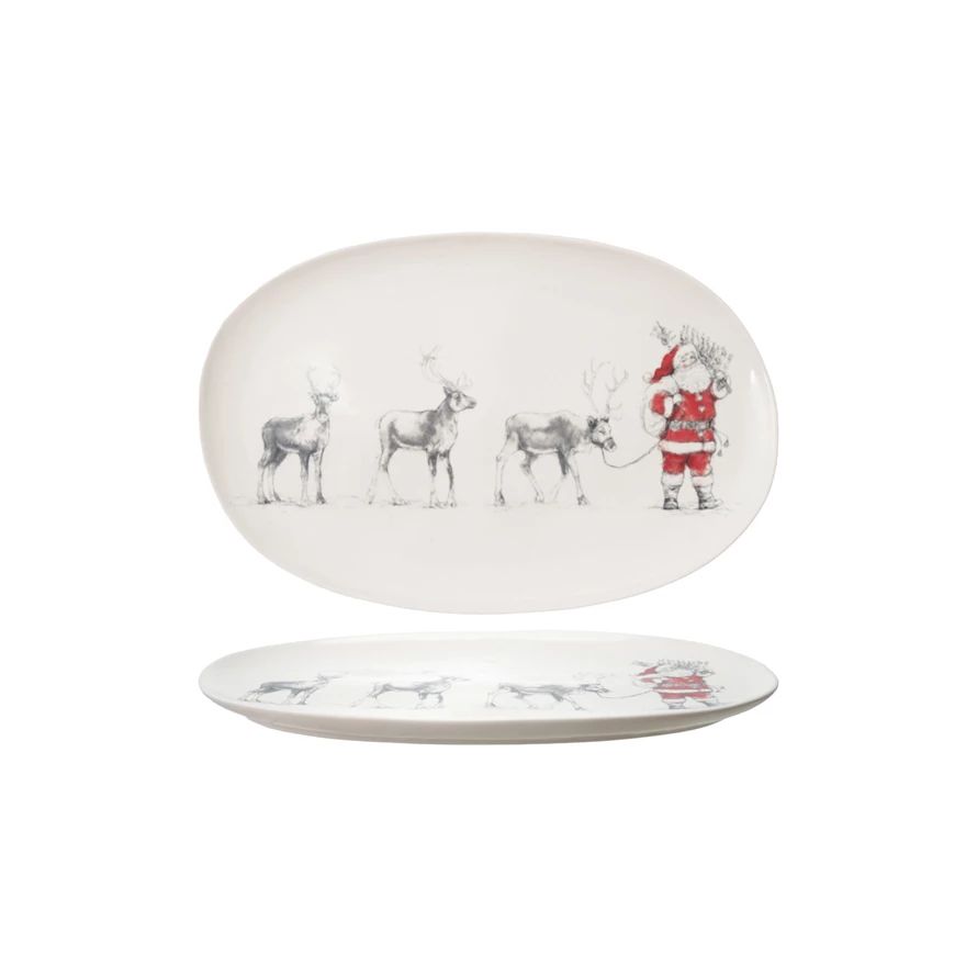 Oval Stoneware Serving Platter with Santa Leading Reindeer
