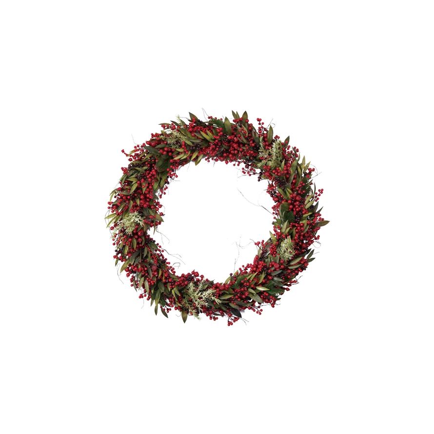 Faux Spruce Wreath with Red Berries, Crab Apples & Pinecones