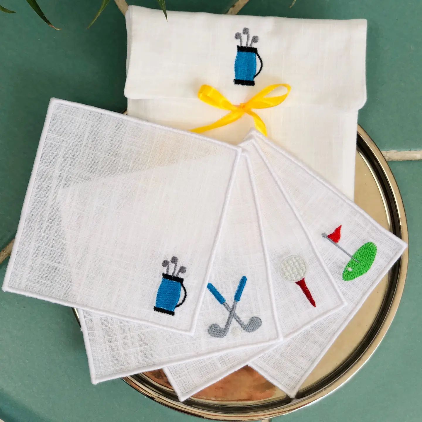 Golfer Embroidered Cocktail Napkins S/4