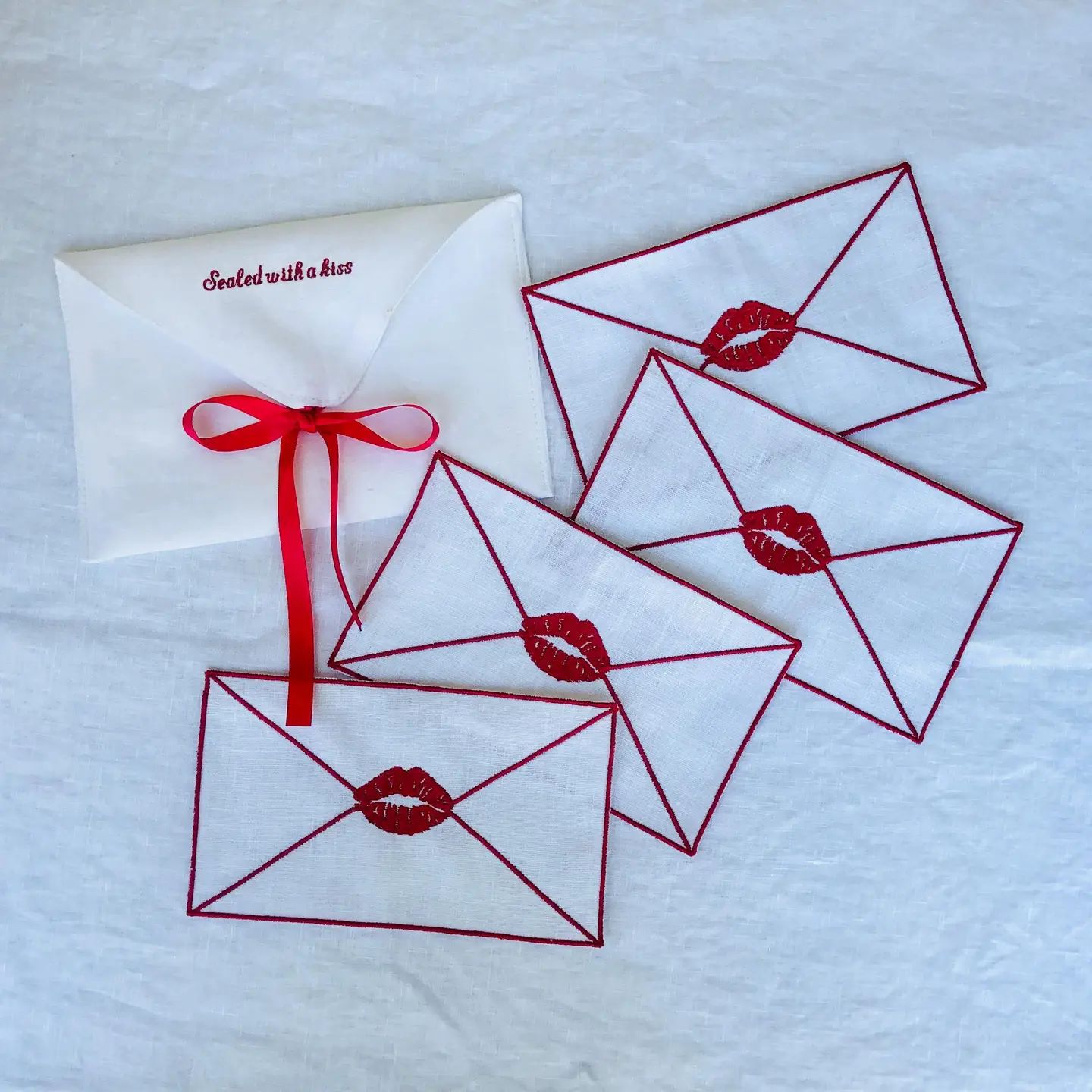 Kiss Embroidered Linen Cocktail Napkins S/4