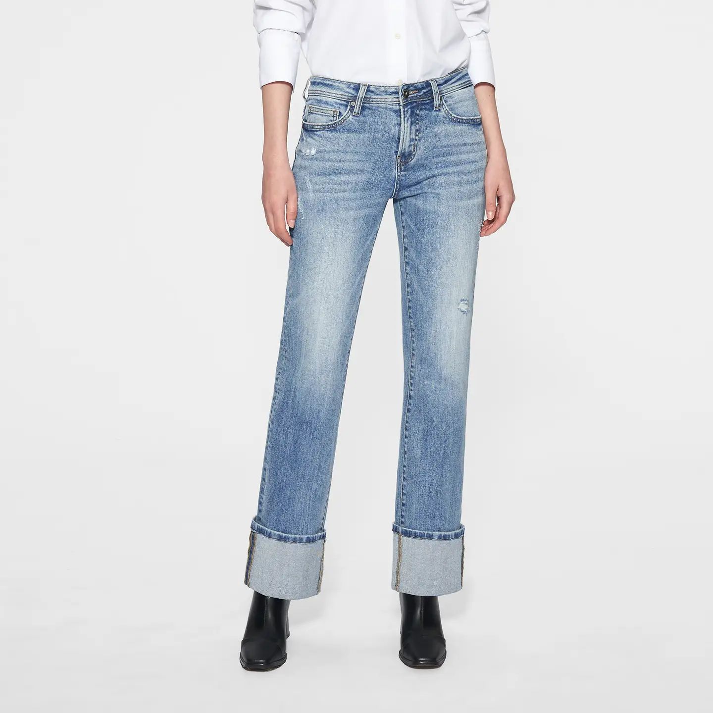 Mid Rise Straight Jeans Cuffed Hem