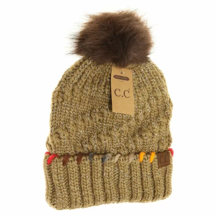 Fuzzy Lined Ombre Thread Accent Pom Beanie