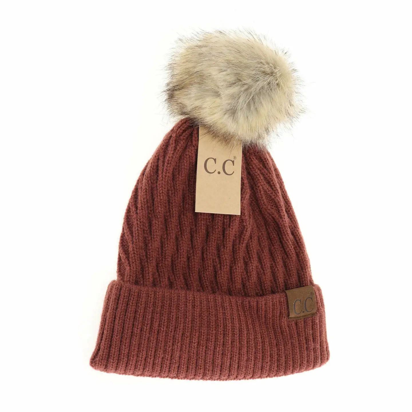 Solid Honey Comb Fur Pom Beanie