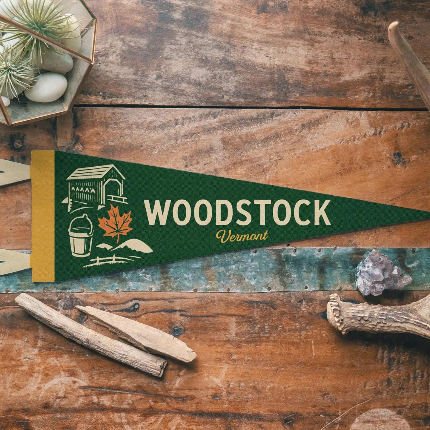 Woodstock Vermont Felt Pennant - Covered Bridge