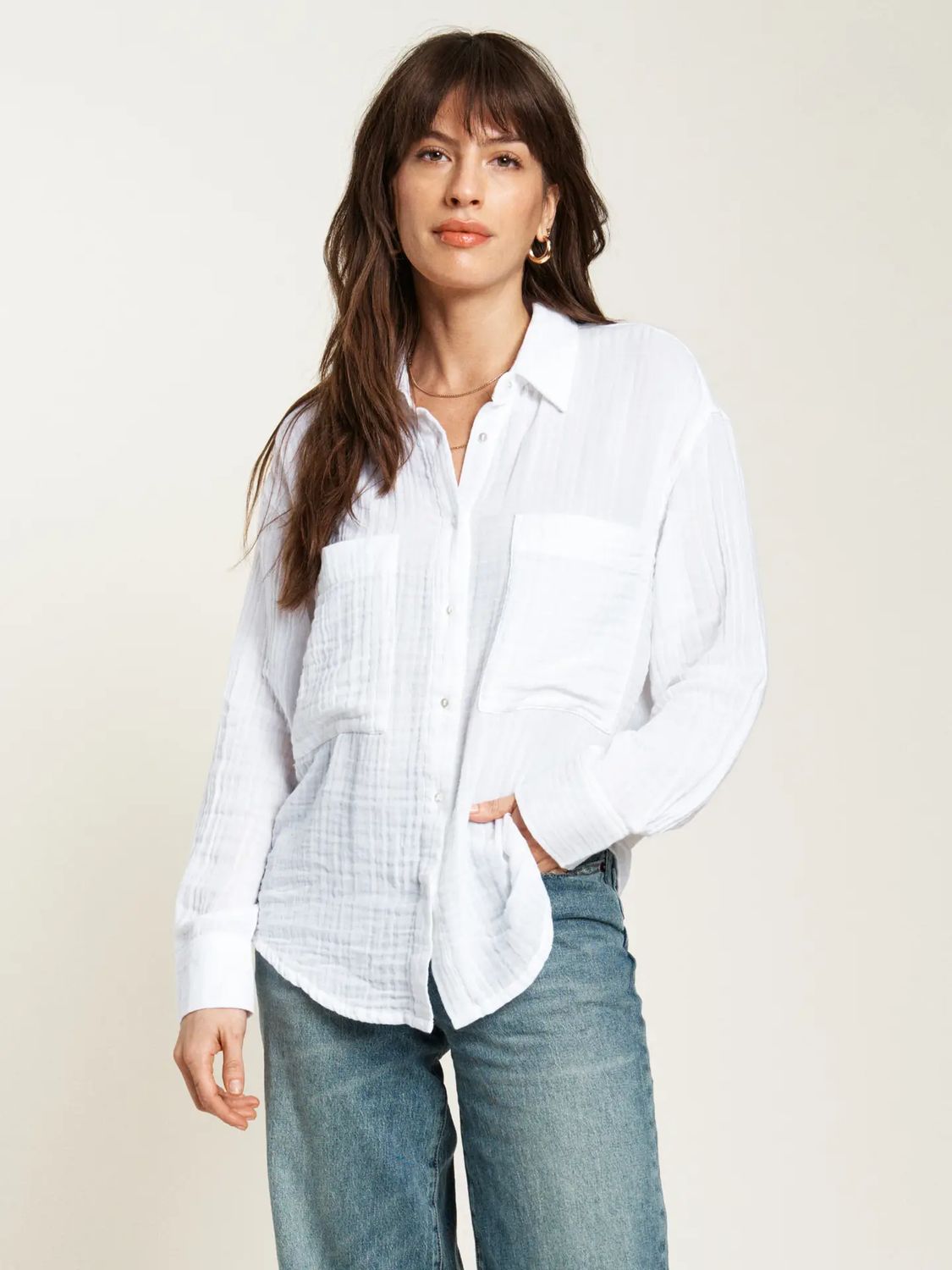 Pierre Button-Up Gauze Shirt, Cloudscape