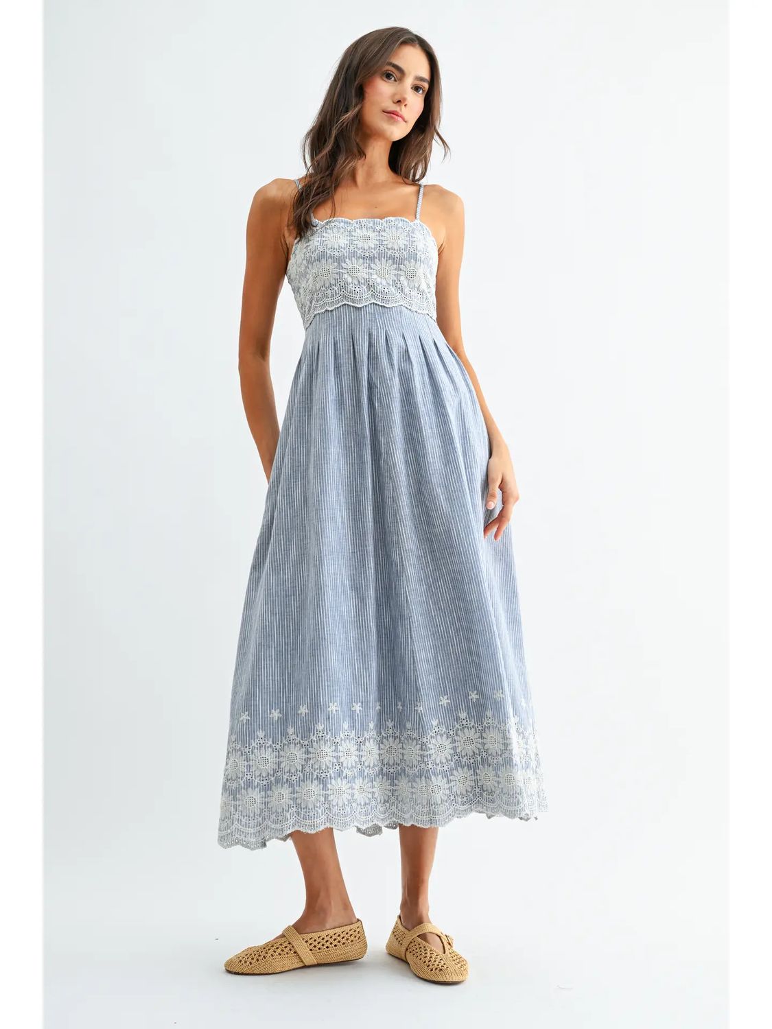 Pinstripe Midi Dress with Embroidered Lace