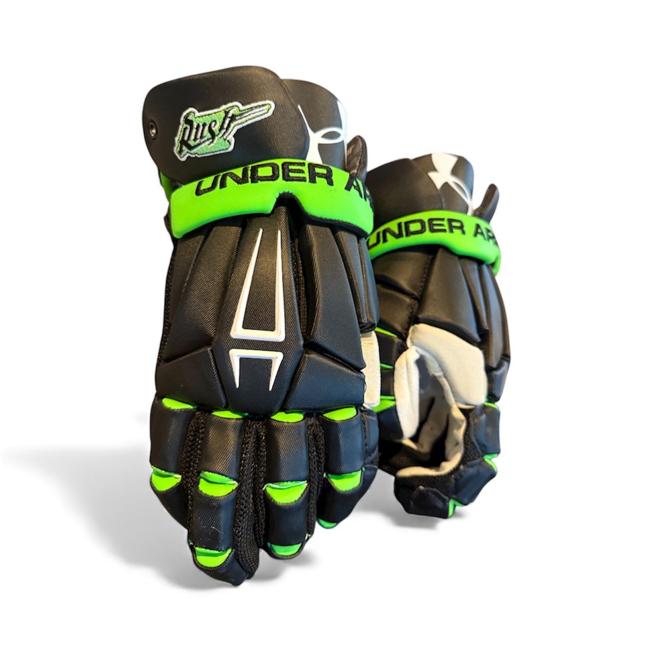 Used Under Armour Command Pro Used Under Armour Command Pro " Team Saskatchewan Rush" Lacrosse Gloves Black / Green -14"