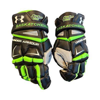 Used Under Armour Engage" Team Saskatchewan Rush" Lacrosse Gloves Black / Green 14"