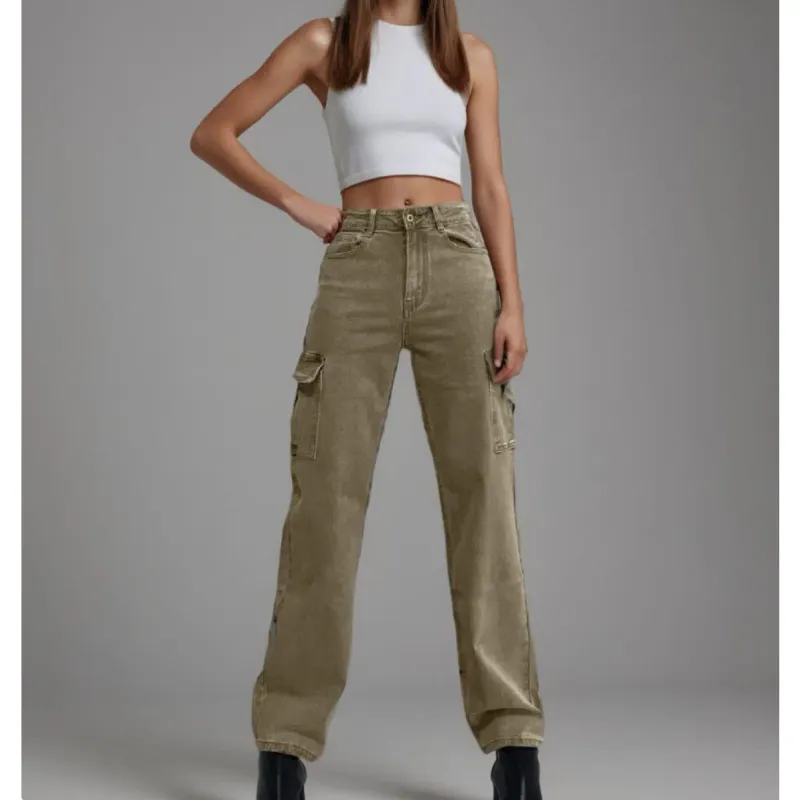 High-Waisted Cargo Jeans – Khaki