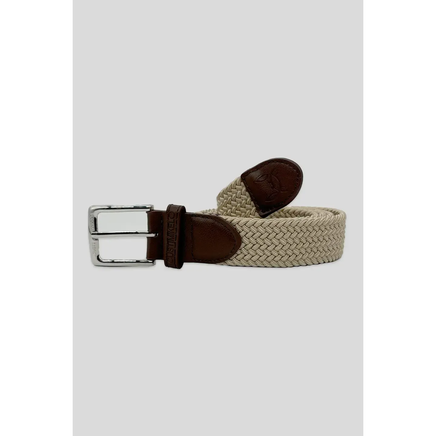 Beige Geweven Elastische Riem met Leren Details