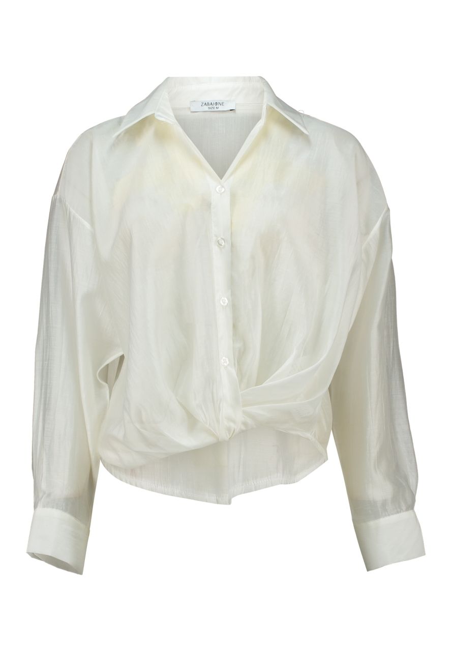 Stylish white blouse with pearl sheen and twist detail