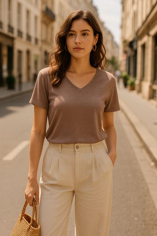 Taupe Linnen/viscose tshirt Rossaa