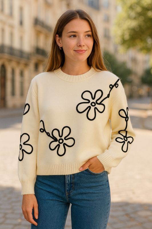 Witte trui met zwarte bloem Tiluna