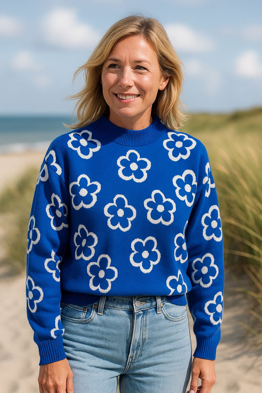 Blauwe trui bloemen Kim