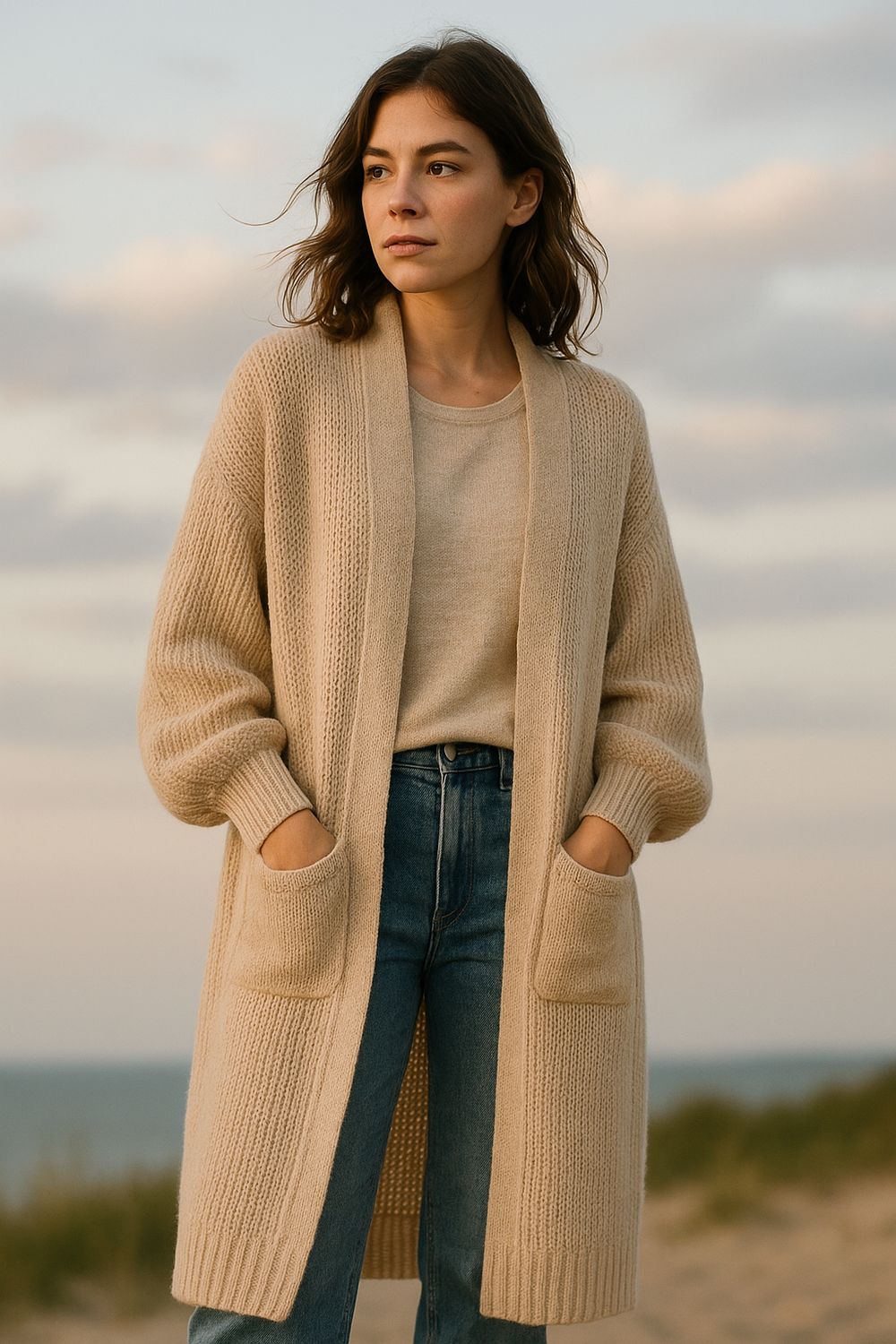 Lange beige gilet Timea