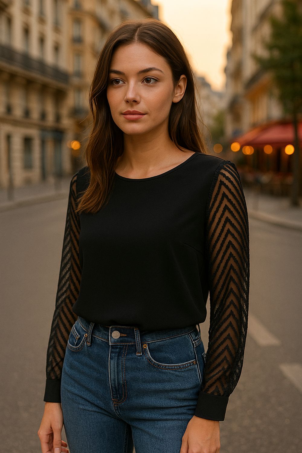 Zwarte blouse met doorzichtige mouwen Palma