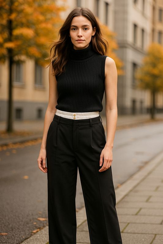Zwarte broek Isalie met witte tailleband