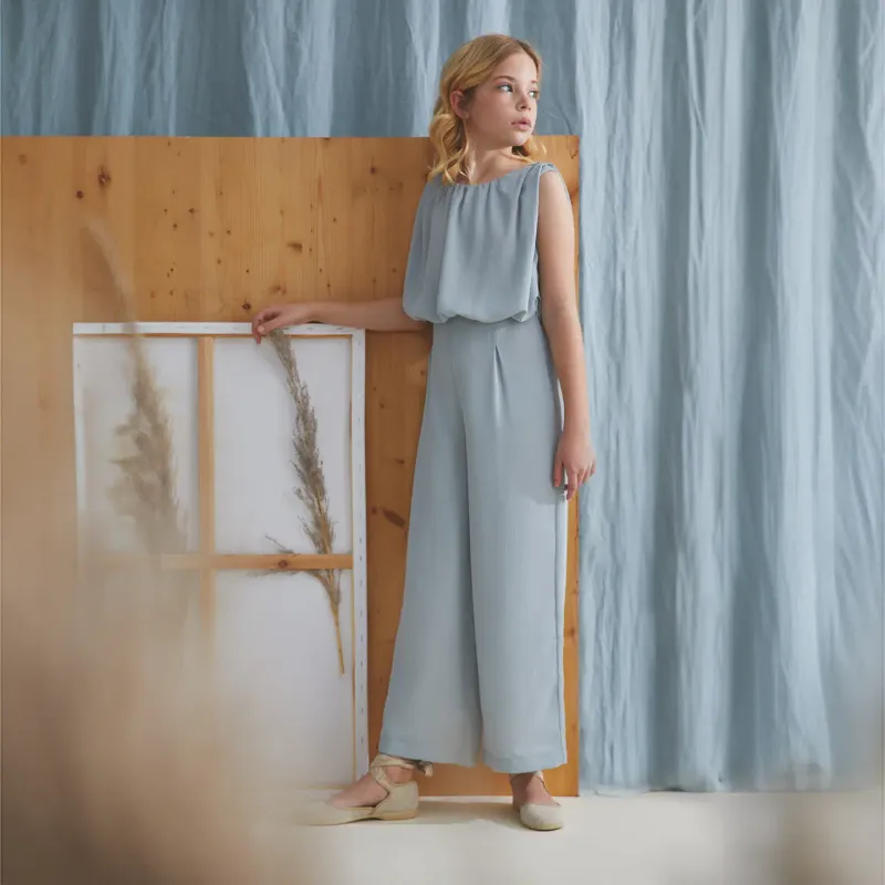 Blauwe jumpsuit met kant, feestcollectie