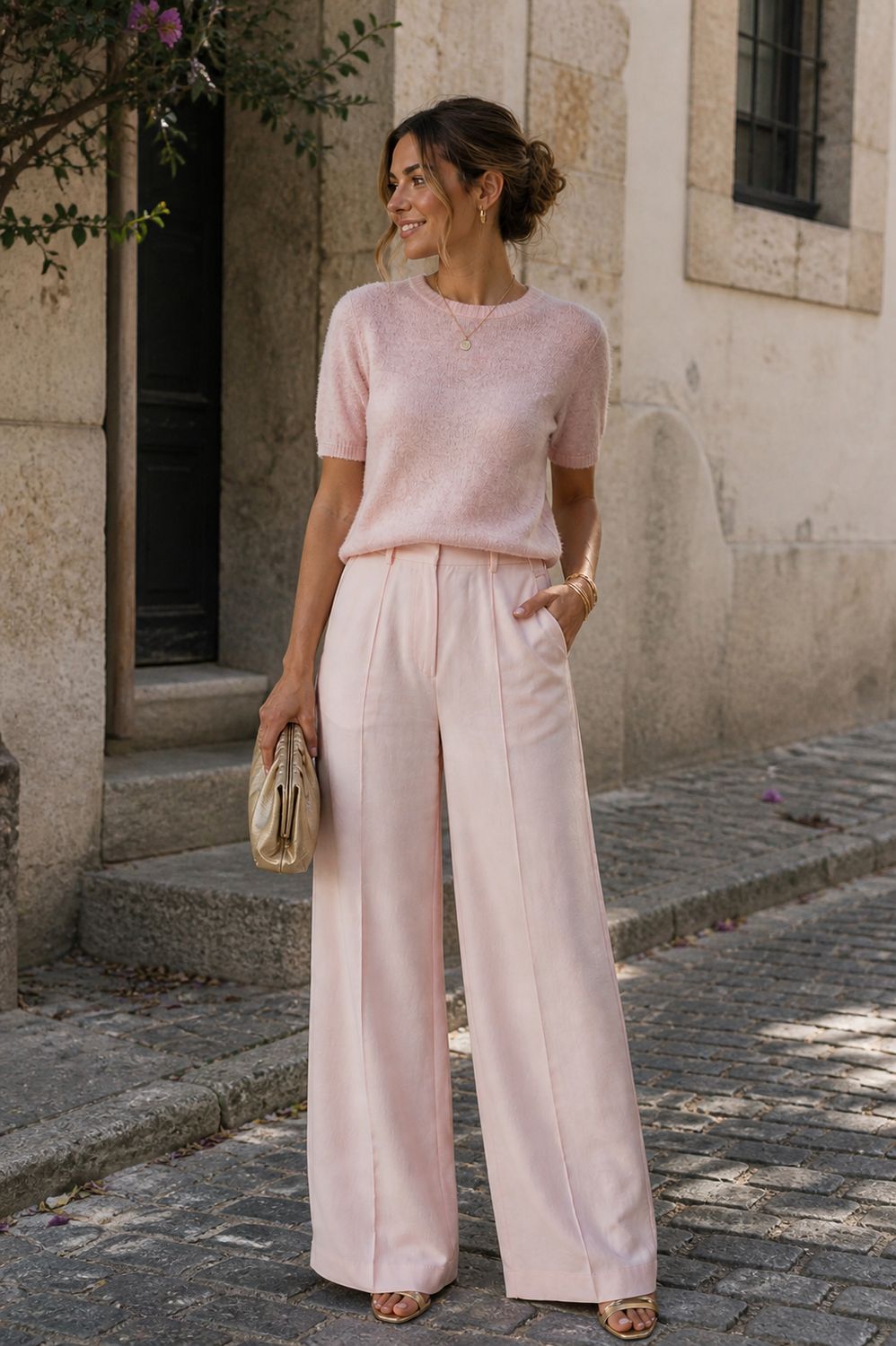 MEXX linnen broek wide leg pink