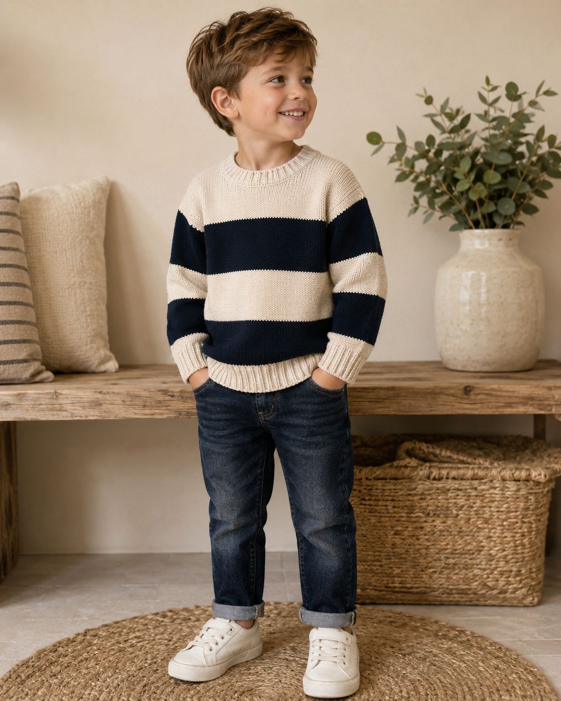 Blue7 Beige/Navy trui