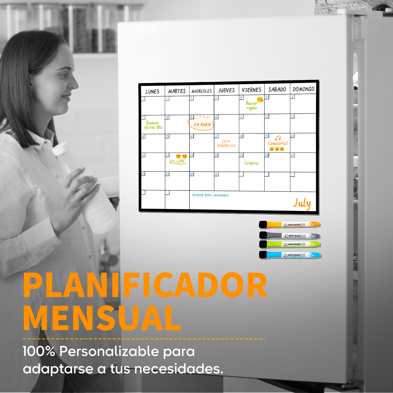 Calendario Mensual Magnético Nevera Tamaño A3 30x42Cm + 4 Rotuladores + Stickers Emoji | Pizarra Planificador Mensual con Imán Flexible