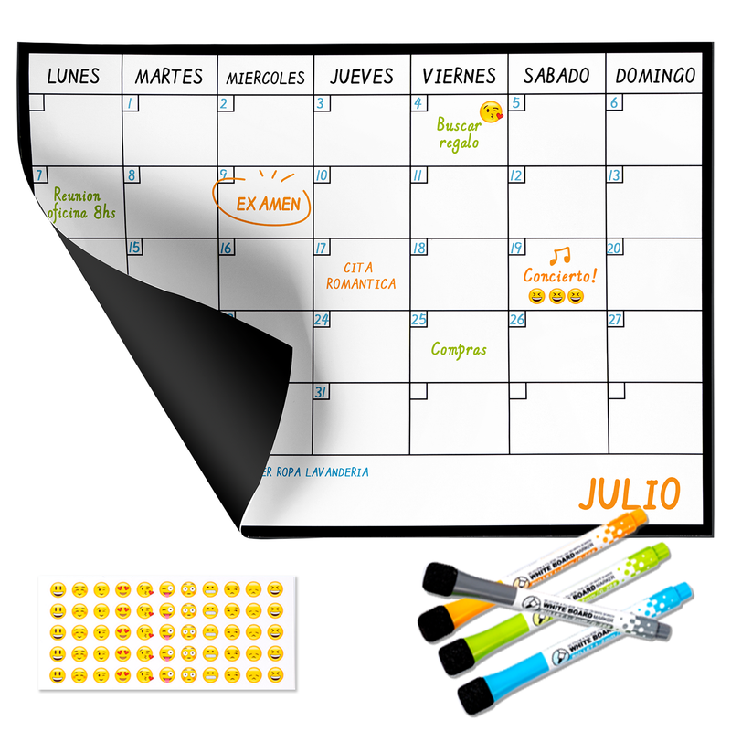 Calendario Mensual Magnético Nevera Tamaño A4 30x22Cm + 4 Rotuladores + Stickers Emoji | Pizarra Planificador Mensual con Imán Flexible.