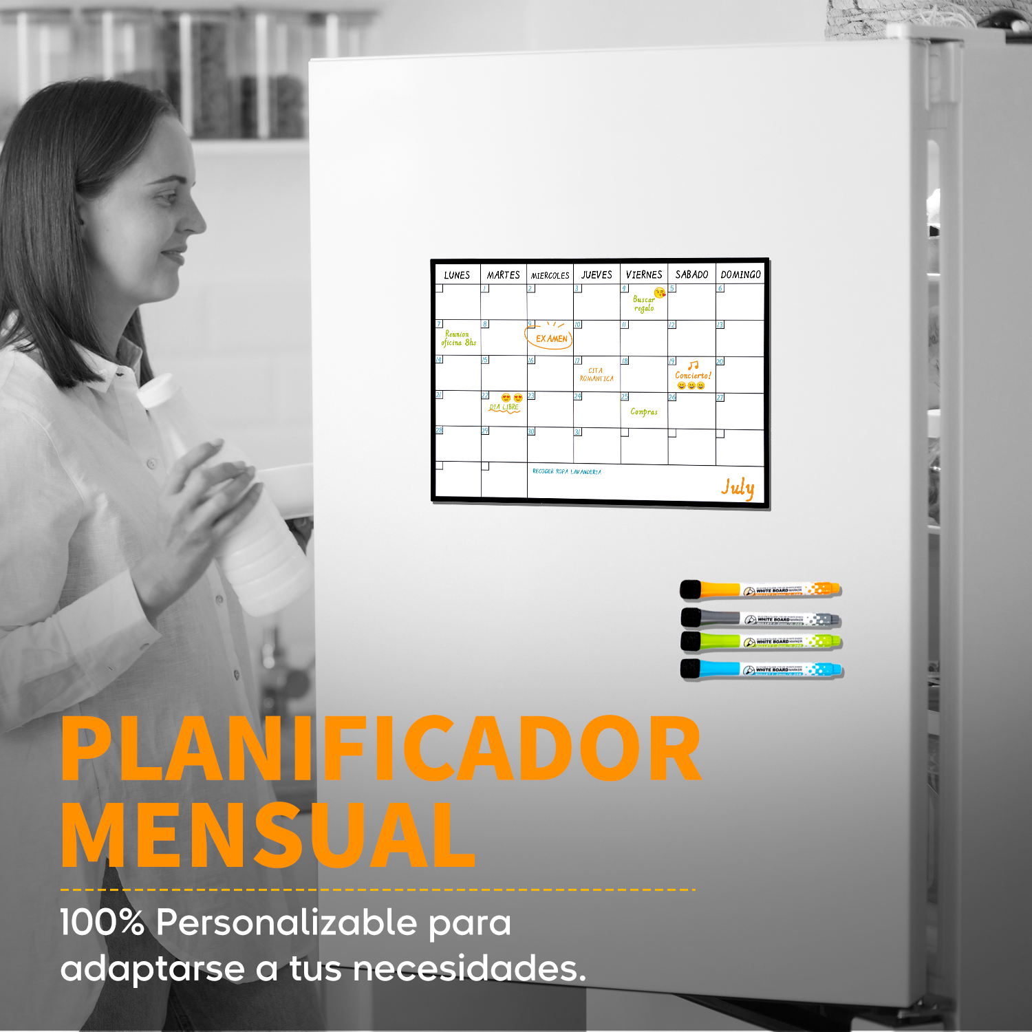 Calendario Mensual Magnético Nevera Tamaño A4 30x22Cm + 4 Rotuladores + Stickers Emoji | Pizarra Planificador Mensual con Imán Flexible.