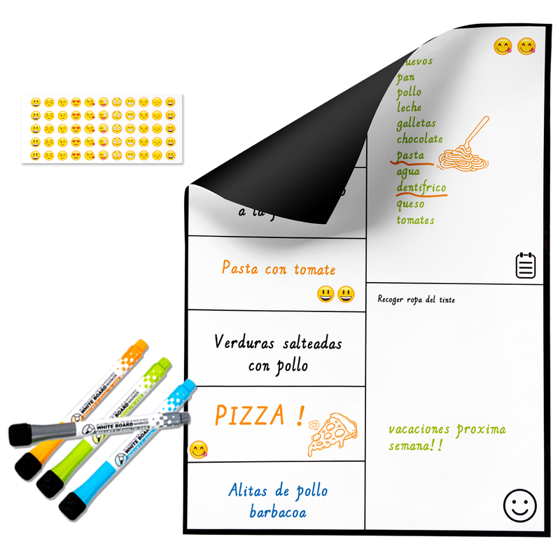 Calendario Magnetico Semanal para Nevera A4 + 4 Rotuladores + Stickers Emoji | Planificador Semanal para Comidas y Lista de Compra