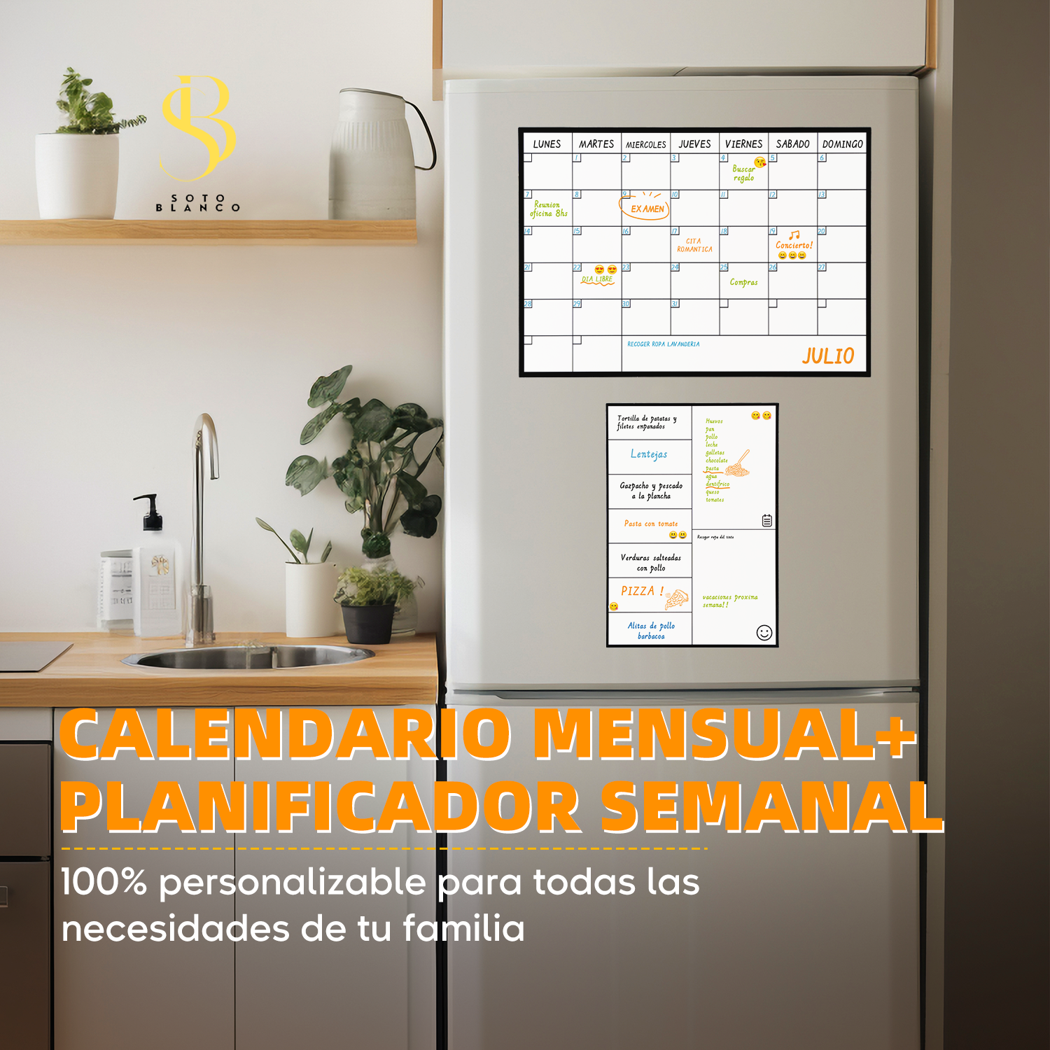 Calendario Magnético Mensual A3 + Planificador Semanal para Nevera A4 + 4 Rotuladores + Stickers Emoji | Pizarras Magnéticas para Nevera para Lista de la Compra y Eventos.