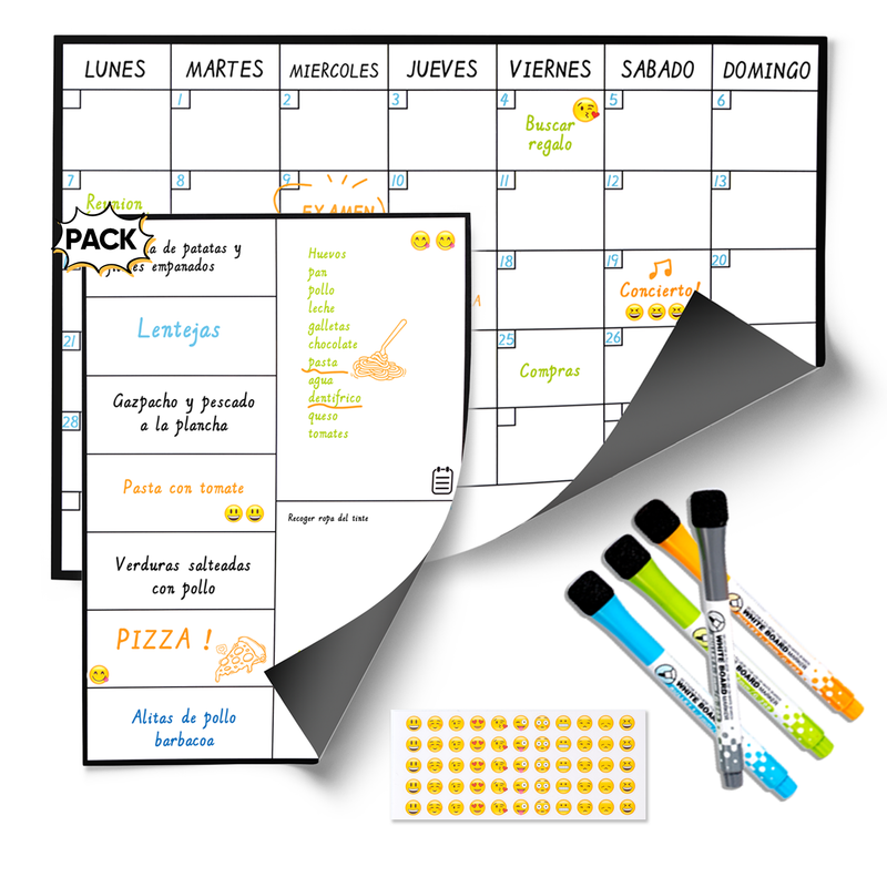 Calendario Magnético Mensual A3 + Planificador Semanal para Nevera A4 + 4 Rotuladores + Stickers Emoji | Pizarras Magnéticas para Nevera para Lista de la Compra y Eventos. Calendario Magnético Mensual A3 + Planificador Semanal para Nevera A4 + 4 Rotuladores + Stickers Emoji | Pizarras Magnéticas para Nevera para Lista de la Compra y Eventos.