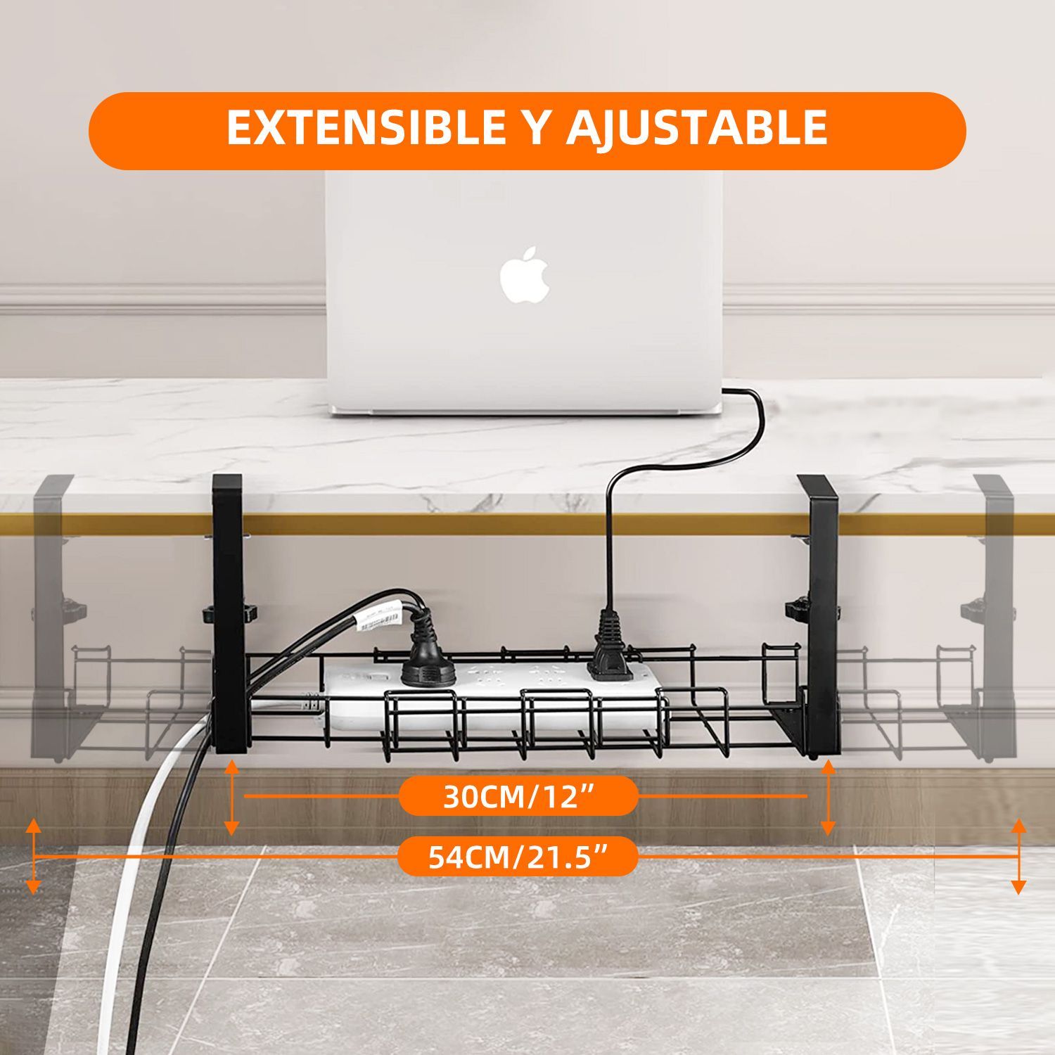 Organizador de Cables para Escritorio Extensible de 30cm a 54cm + Manguito Recogecables | Bandeja de Cables para Escritorio donde Esconder cables, regletas y enchufes sin Pegamento ni Agujeros.