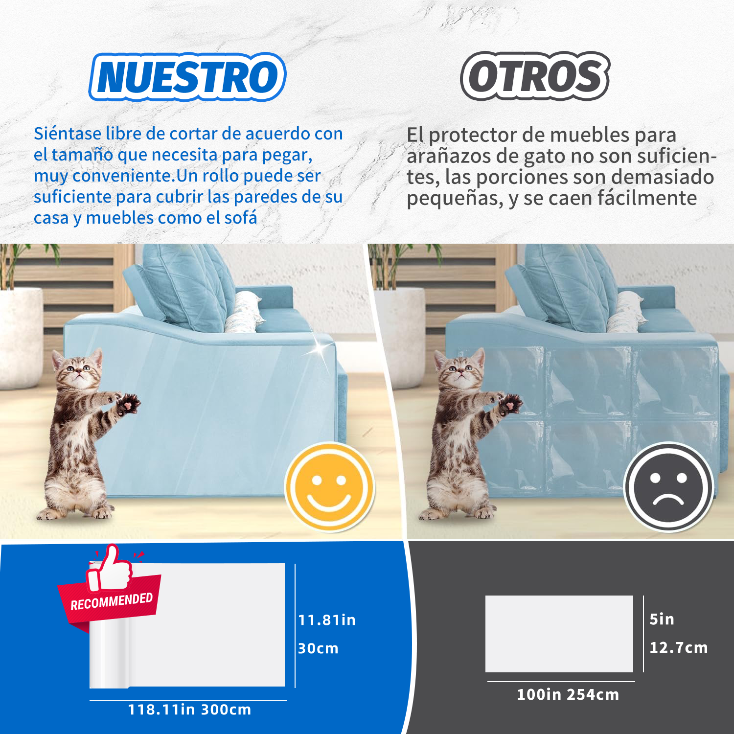 Protector de sofás para gatos 20x500cm + rodillo quita pelusas + Espátula de colocación + 10 pings | protección anti arañazos de mascotas para todo tipo de muebles