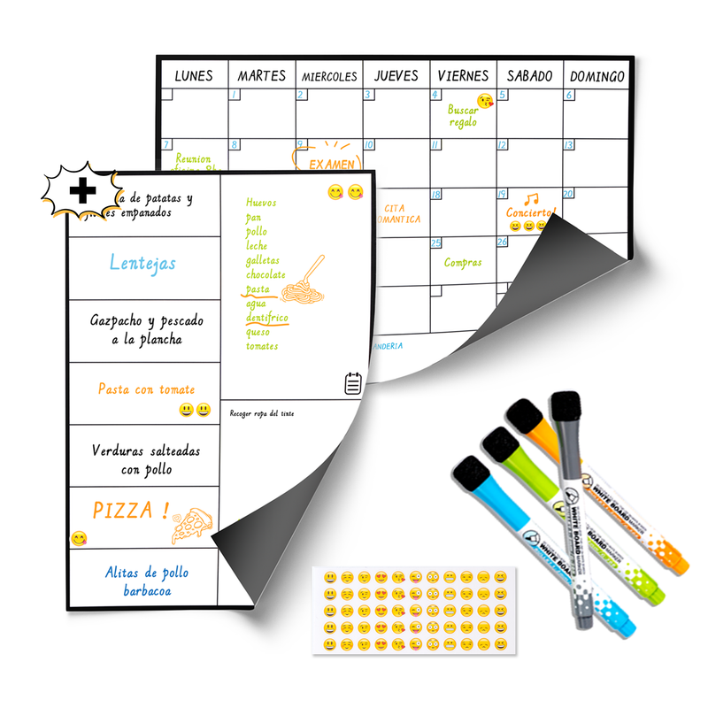 Calendario Magnético Mensual A4 + Planificador Semanal para Nevera A4 + 4 Rotuladores + Stickers Emoji | Pizarras Magnéticas para Nevera para Lista de la Compra y Eventos. Calendario Magnético Mensual A4 + Planificador Semanal para Nevera A4 + 4 Rotuladores + Stickers Emoji | Pizarras Magnéticas para Nevera para Lista de la Compra y Eventos.