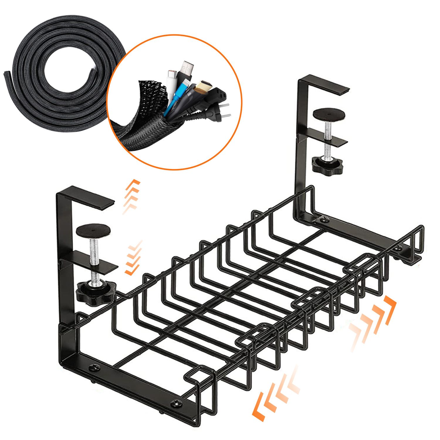 Organizador de Cables para Escritorio Extensible de 30cm a 54cm + Manguito Recogecables | Bandeja de Cables para Escritorio donde Esconder cables, regletas y enchufes sin Pegamento ni Agujeros.