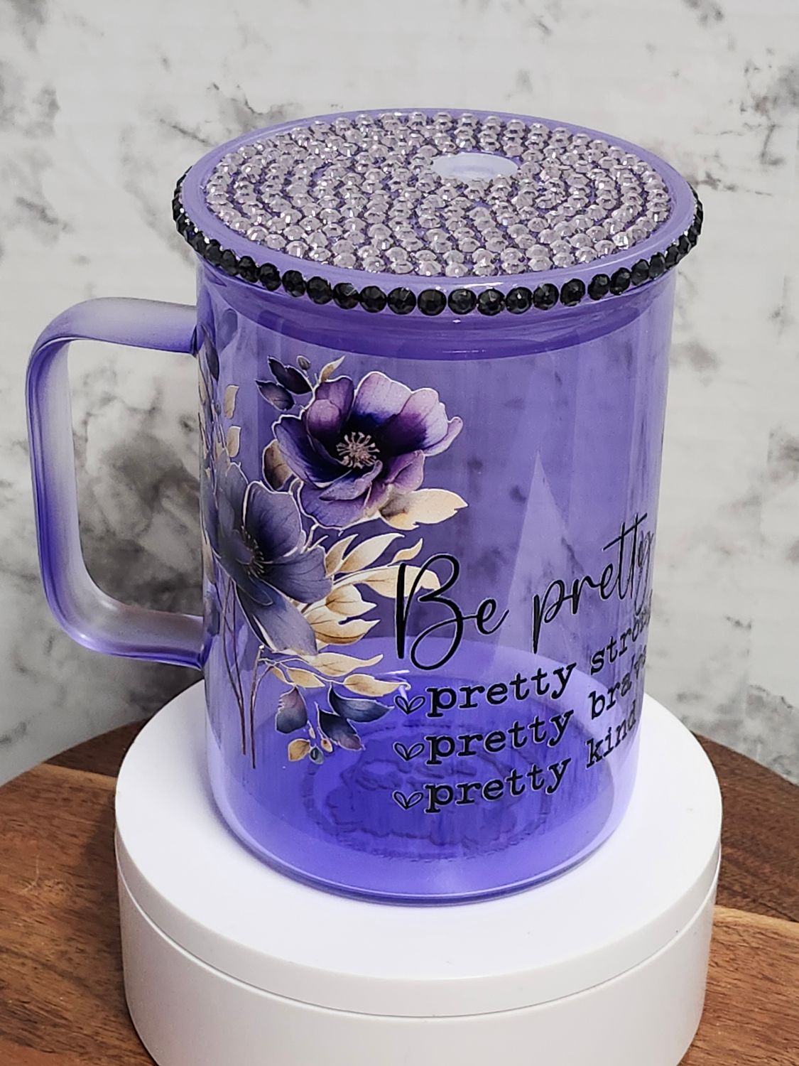 Be Pretty floral Glass Coffee Mug with Rhinestone Acrylic Lid