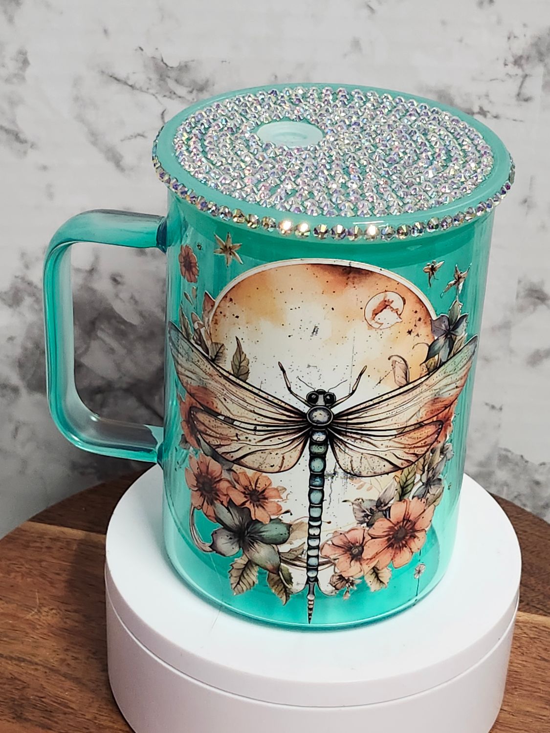 Dragonfly Glass Coffee Mug with Rhinestone Acrylic Lid