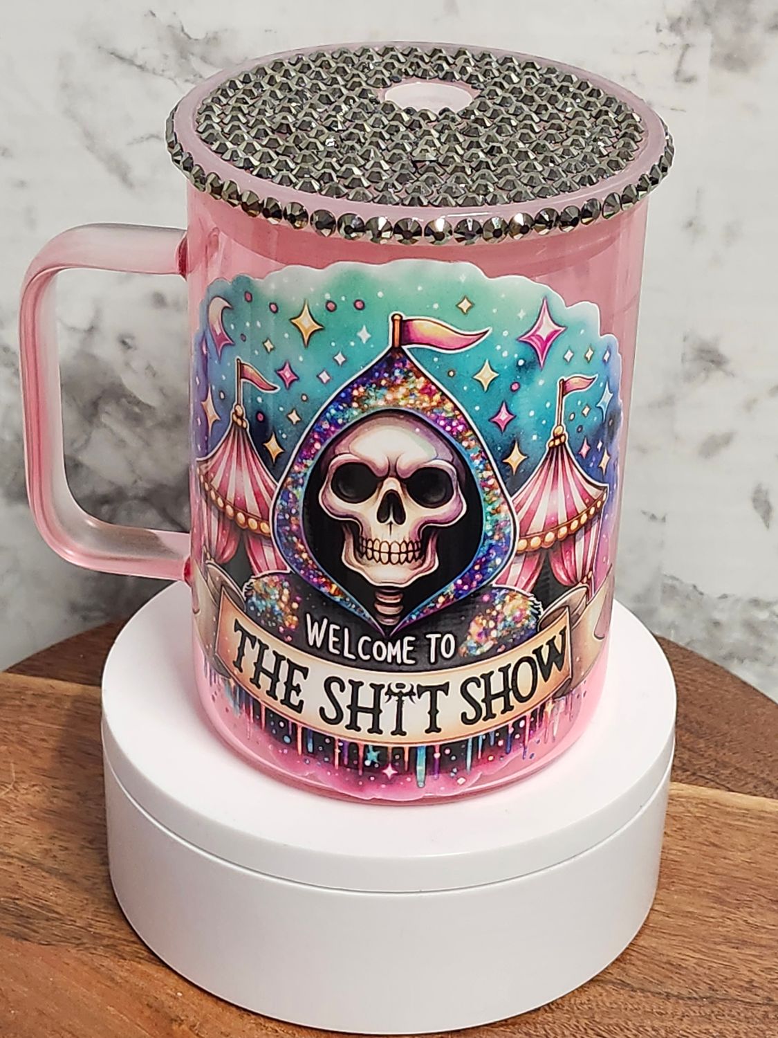 Shitshow Glass Coffee Mug with Rhinestone Acrylic Lid