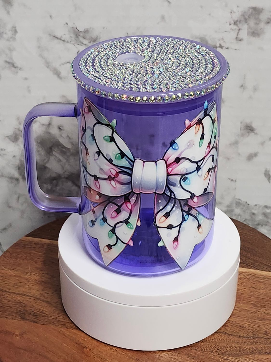 Christmas bow Glass Coffee Mug with Rhinestone Acrylic Lid