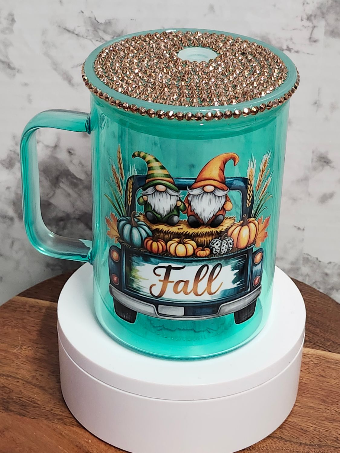 Truck Gnomes Glass Coffee Mug with Rhinestone Acrylic Lid