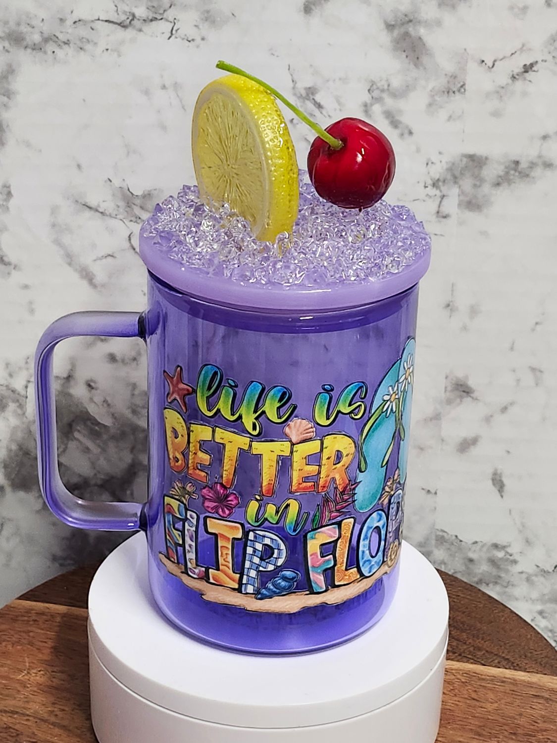 Flip Flop Gnomes Glass Coffee Mug with Faux Ice Acrylic Lid