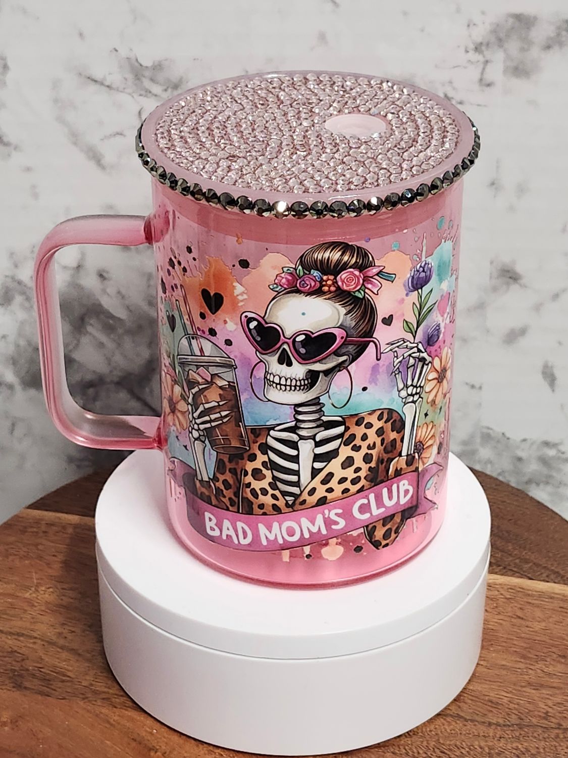 Bad Mom's Glass Coffee Mug with Rhinestone Lid