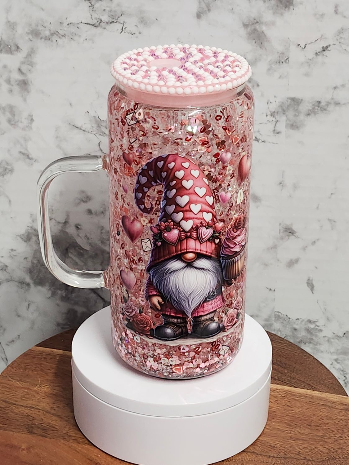 Gnome Glass snowglobe with handle, with Rhinestone Lid
