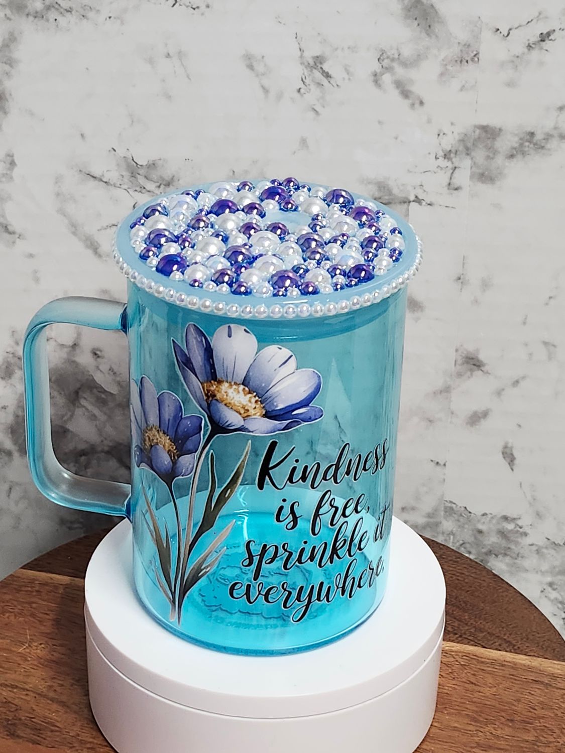 Floral Kindness Glass Coffee Mug with Rhinestone Pearl Acrylic Lid