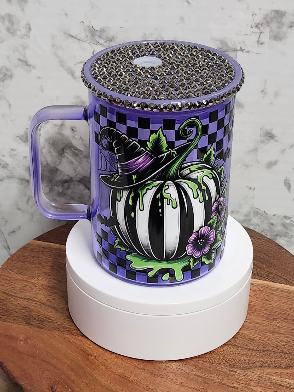 Pumpkin Glass Coffee Mug with Rhinestone Acrylic Lid