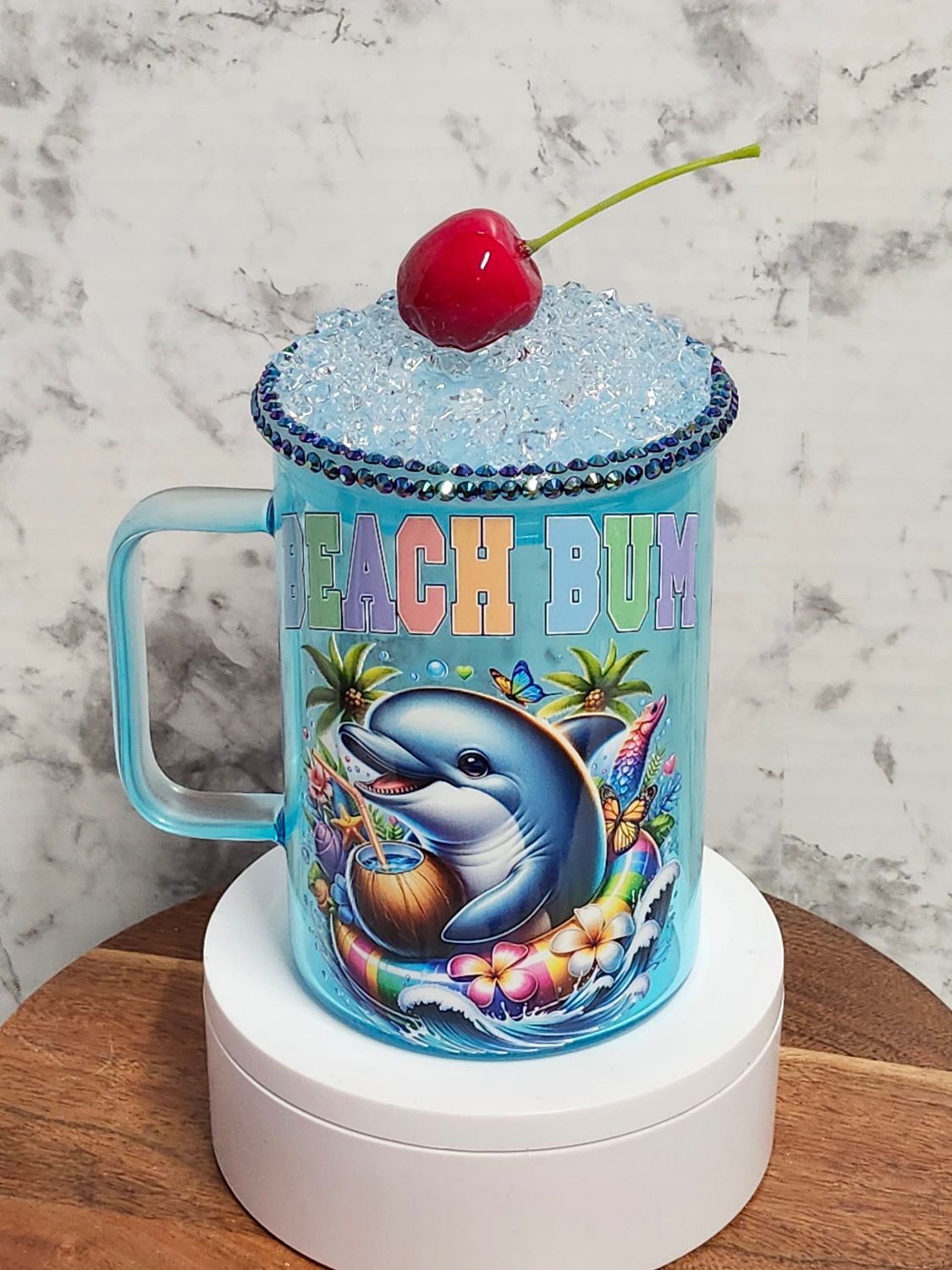 Beach Bum Dolphin Glass Coffee Mug with Faux Ice Acrylic Lid