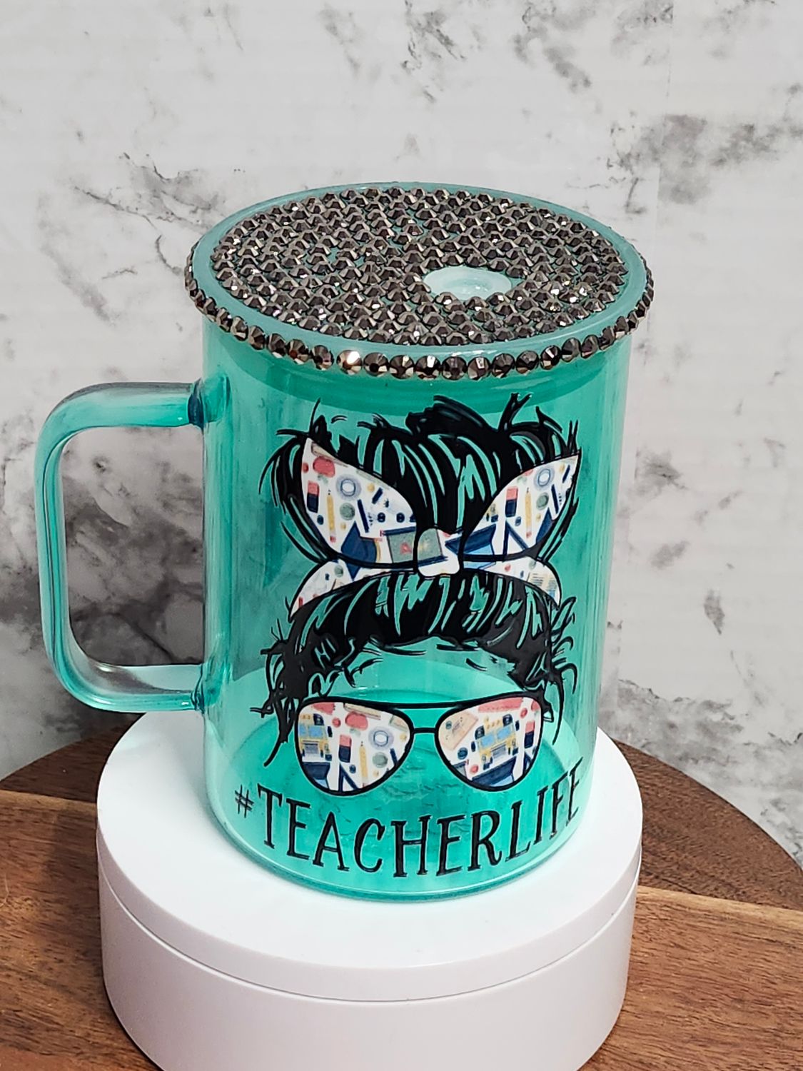 Teacher Life Glass Coffee Mug with handle, with Rhinestone Lid